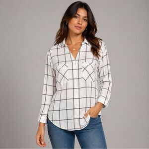 Dex White Black Red Plaid striped   Button-Up V Neck Business Casual Blouse